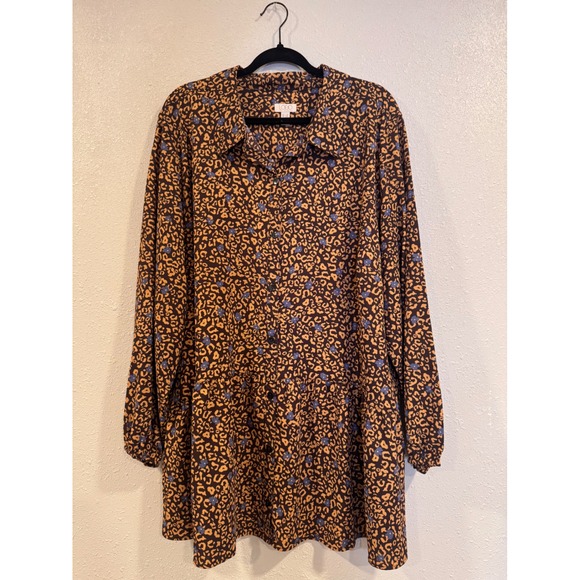 LOGO Lori Goldstein 3X Blouse Dress Brown Orange Blue Leopard Print Long Sleeve - Picture 1 of 6